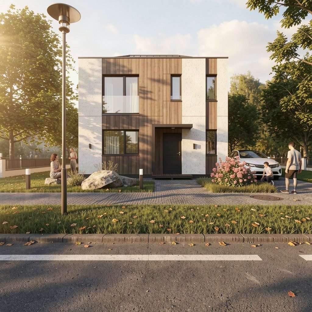 Visualisation: the front entrance of the house, light facade and timber accents