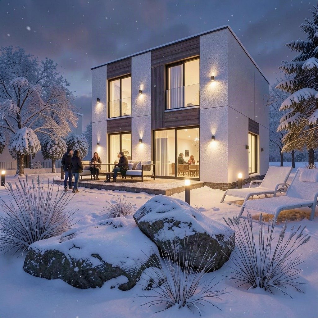 Visualisation: two-storey house with lit windows and a terrace, winter evening