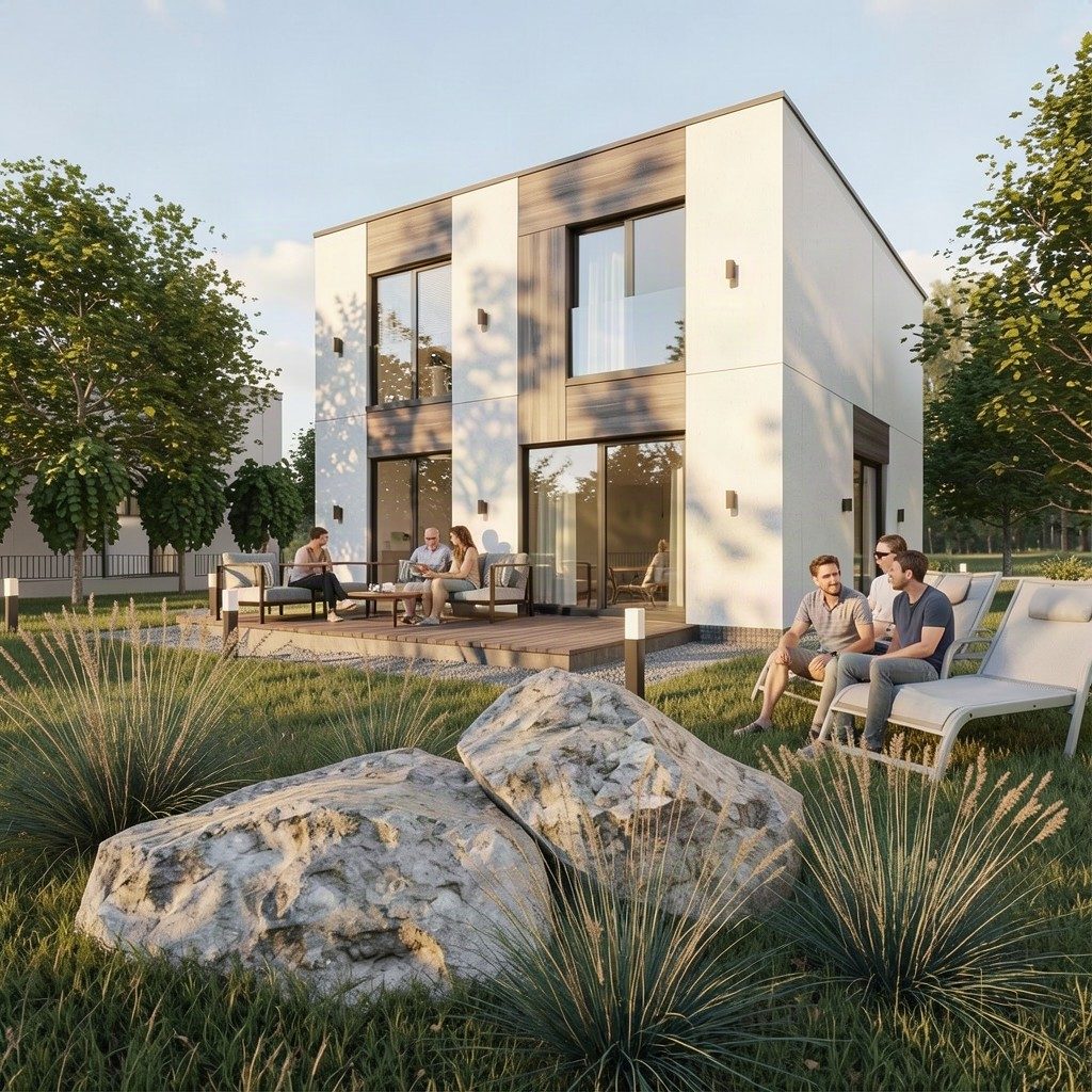 Visualisation: the house from the garden side with a terrace, daytime