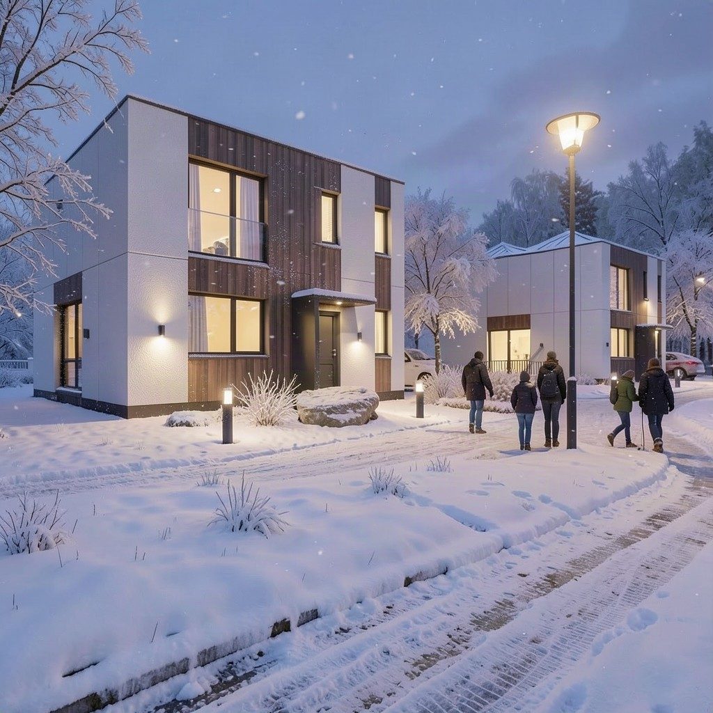Visualisation: the house at winter dusk, light in the windows