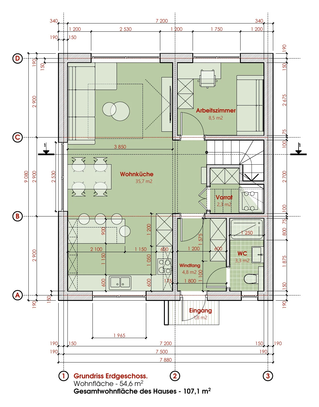 Erdgeschoss 54,6 m²: Wohnzimmer 35,7 m², Arbeitszimmer 8,5 m², Windfang 4,8 m², WC 3,3 m², Vorratskammer 2,3 m², Eingangsvorbau 1,8 m².
