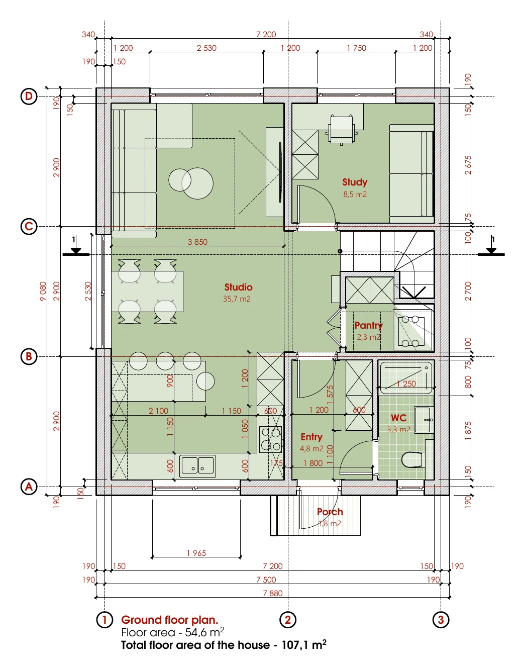 Ground floor 54.6 m²: living room 35.7 m², study 8.5 m², lobby 4.8 m², WC 3.3 m², pantry 2.3 m², porch 1.8 m².