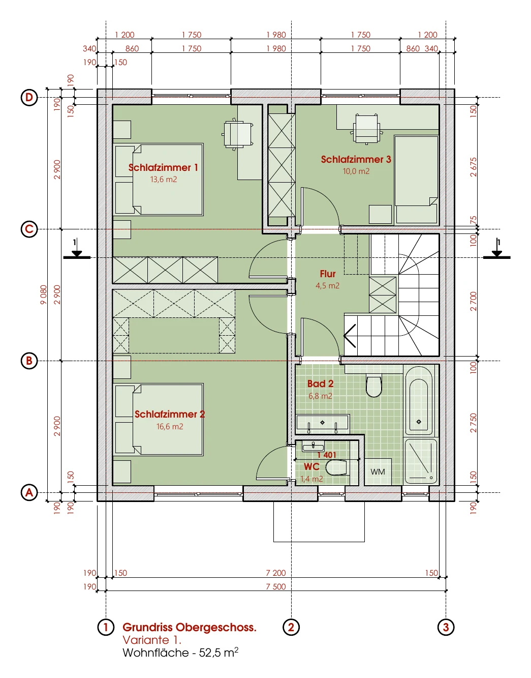 Obergeschoss, Variante 1: Schlafzimmer 13,6 / 16,6 / 10,0 m², Bad 6,8 m², WC 1,4 m², Flur 4,5 m².