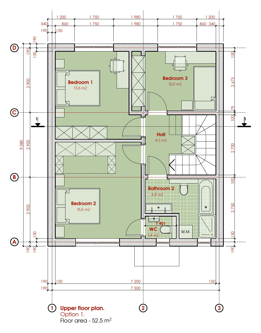 Upper floor, variant 1: bedrooms 13.6 / 16.6 / 10.0 m², bathroom 6.8 m², WC 1.4 m², hall 4.5 m².
