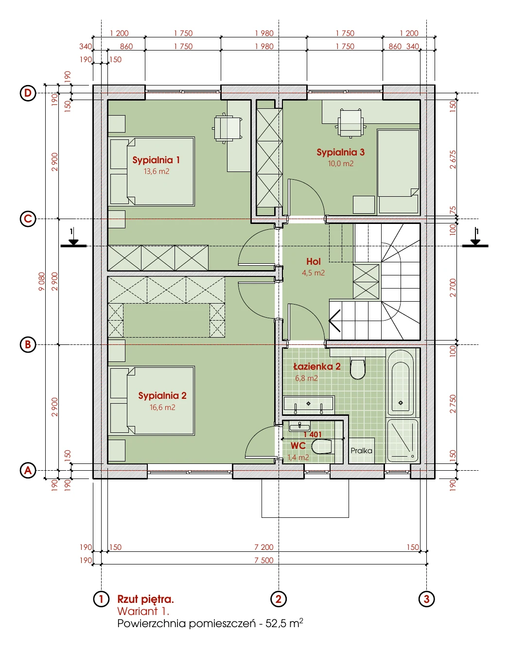 Piętro, wariant 1: sypialnie 13,6 / 16,6 / 10,0 m², łazienka 6,8 m², WC 1,4 m², hol 4,5 m².