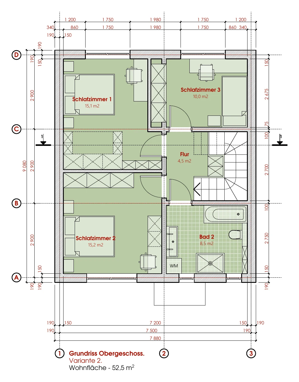 Obergeschoss, Variante 2: Schlafzimmer 15,1 / 15,2 / 10,0 m², Bad 8,5 m², Flur 4,5 m².