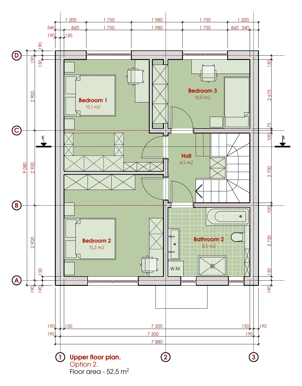 Upper floor, variant 2: bedrooms 15.1 / 15.2 / 10.0 m², bathroom 8.5 m², hall 4.5 m².